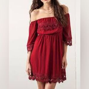 Umgee Nymph's Prance Off Shoulder Lace Dress in Wine